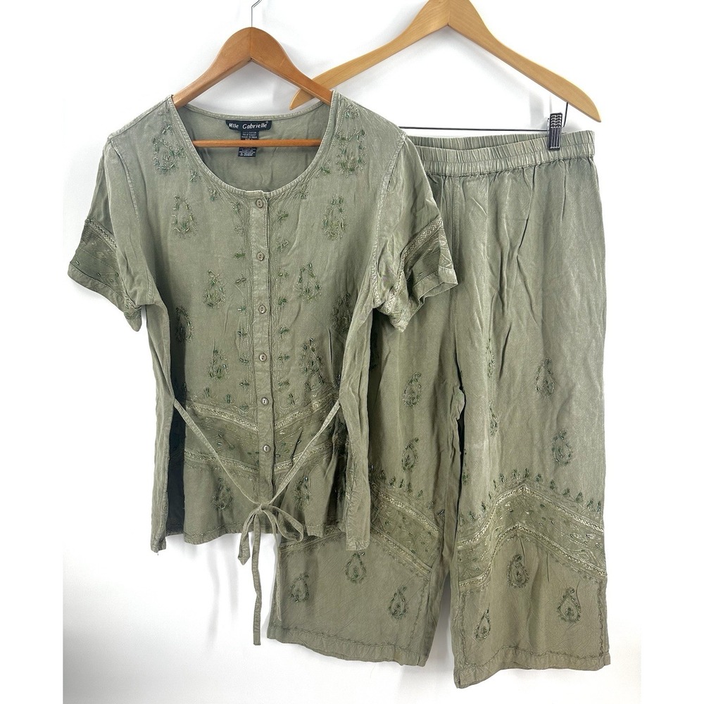 VTG Mlle Gabrielle Beaded Shirt Sz L Wide Leg Resort‎ Cottagecore Boho Set W1017